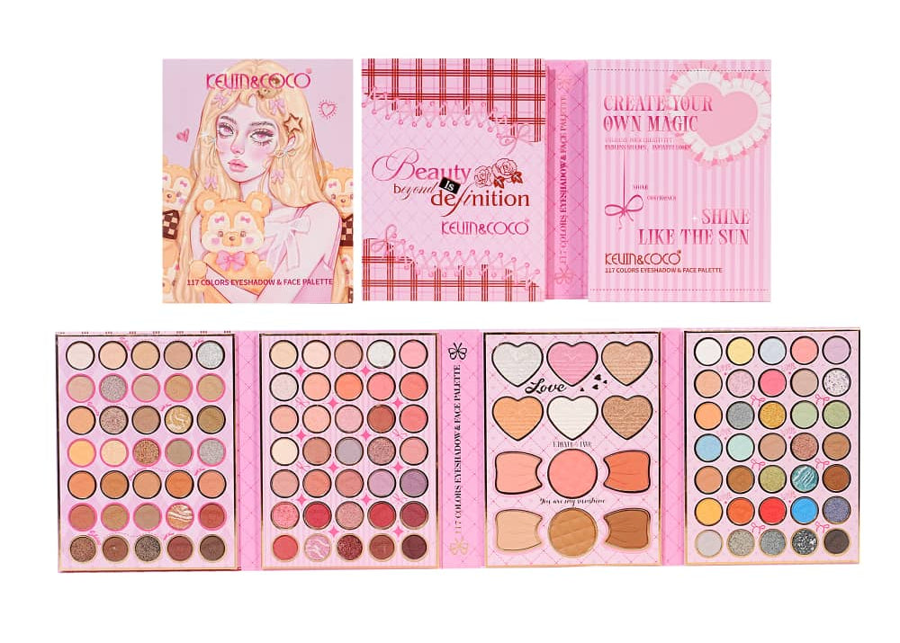 Makeup palette with colorful shades and brand logo on a white background